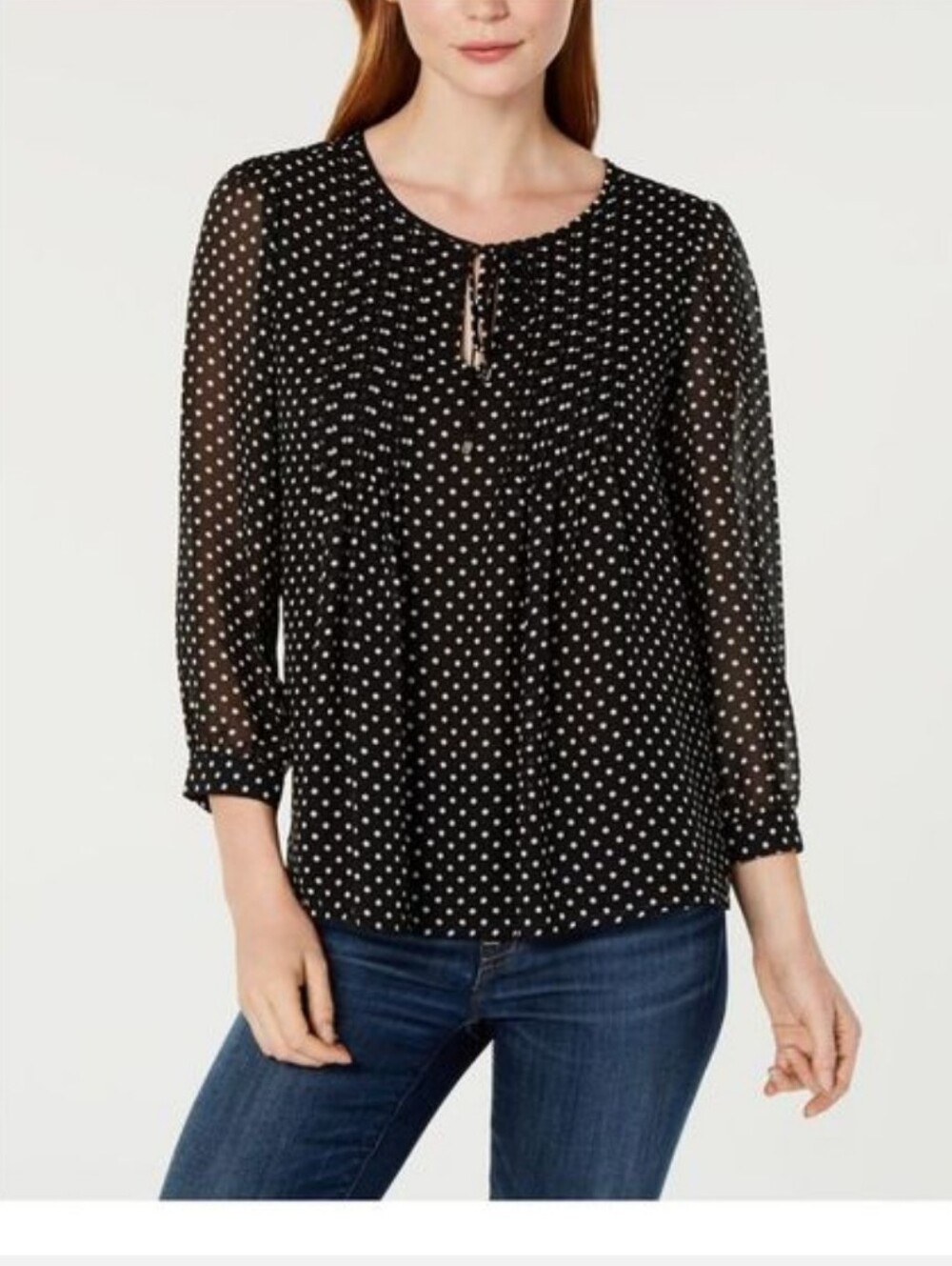 Tommy Hilfiger Black and White Chiffon Boho Prairie Cottagecore Polka Dot Blouse